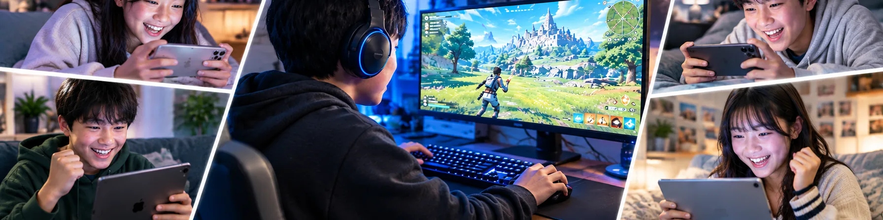 In the middle, someone plays a game on a PC and shares the screen through Boaba. Around them, four friends follow the very same gameplay on their own phones and tablets.