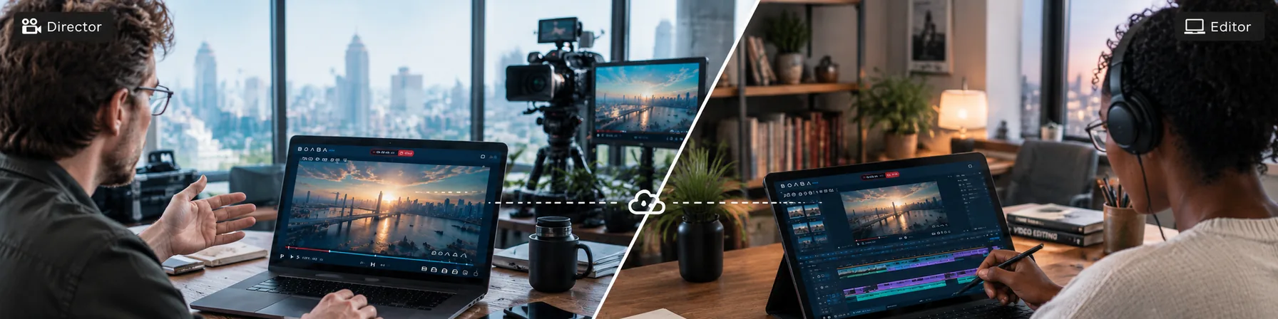 On the left, a director reviews footage on a laptop shared through Boaba. On the right, an editor watches the very same footage while cutting it on a tablet.