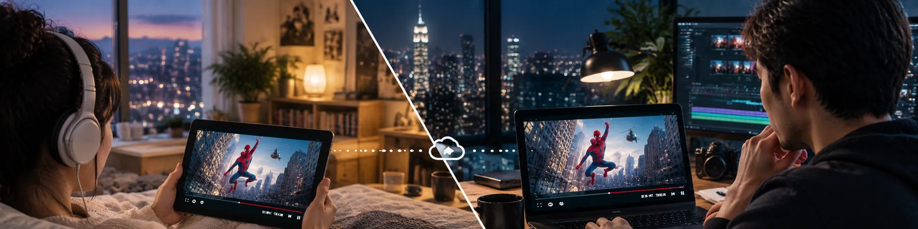 On the left, someone watches a movie on a tablet from bed. On the right, someone far away watches the very same movie on a laptop by a city window at night.